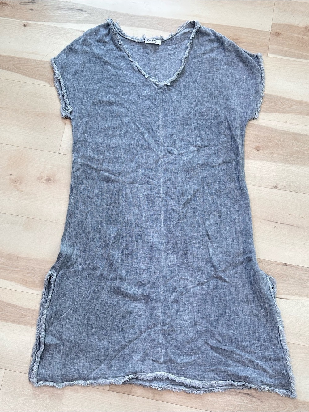 Gigi Moda Made in Italy Gray Frayed V-Neck Tunic Dress Short Sleeves L/XL Linen